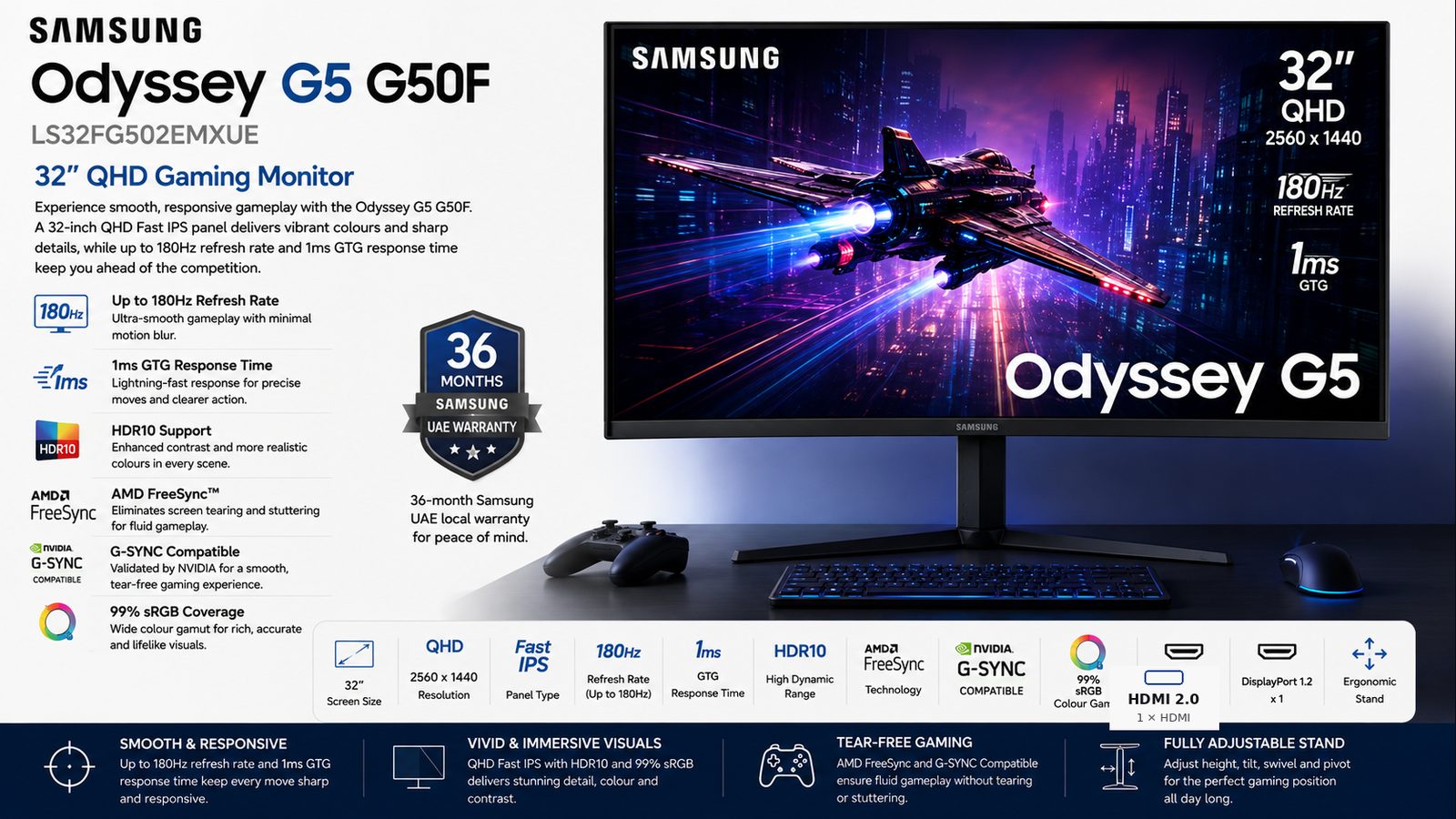 Samsung Odyssey G5 G50F LS32FG502EMXUE 32-inch QHD Fast IPS Gaming Monitor, 180Hz, 1ms GTG, HDR10, FreeSync, G-SYNC Compatible, HDMI, DisplayPort, Black, 3-Year Warranty | LS32FG502EMXUE